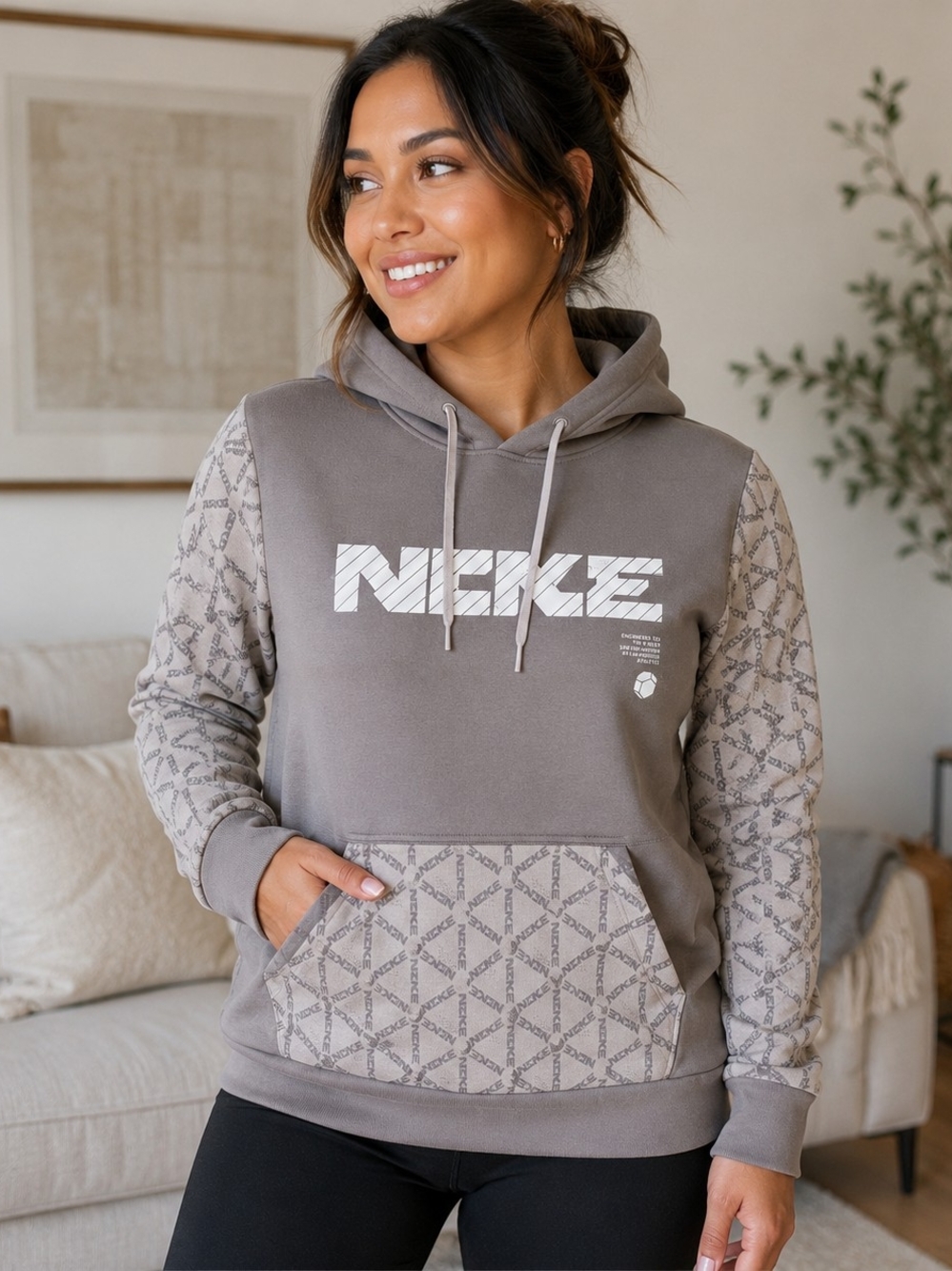 Nike Taupe Patterned-Sleeve Hoodie